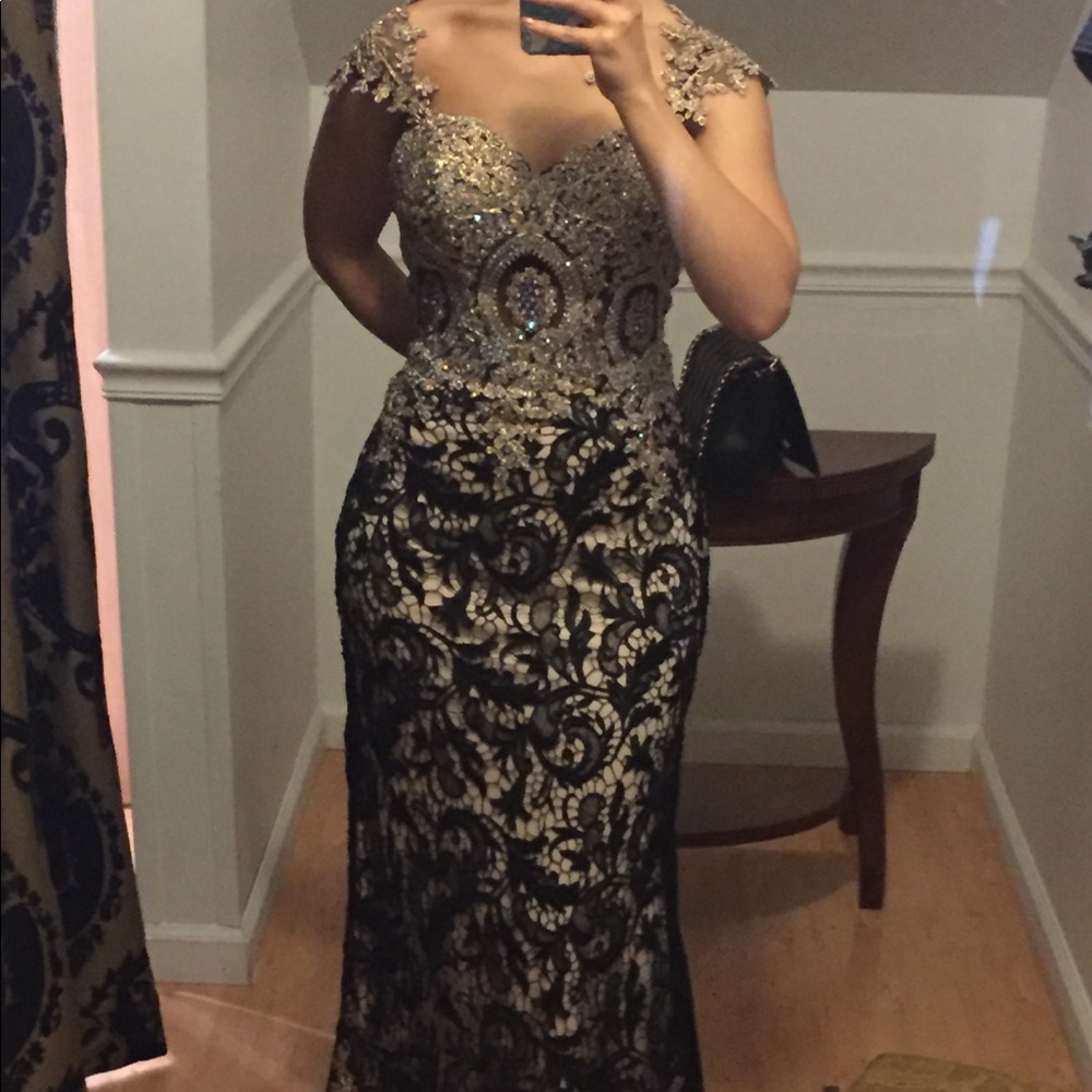 Custom Black and Gold Lace Evening Gown